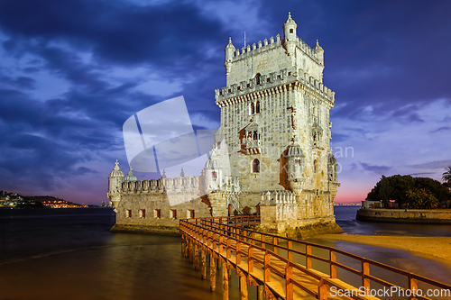 Image of Belem Tower on the bank of the Tagus River in twilight. Lisbon, Portugal