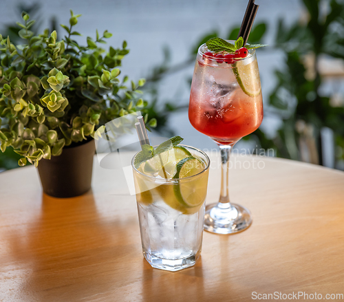 Image of Glass of red currant and lemon soda drink