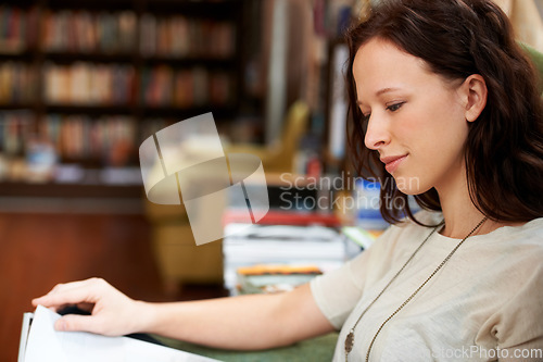 Image of Reading, books and woman relax in bookstore, library or shop for research, learning and study. Literature, customer and happy person with book for education, information and knowledge for hobby