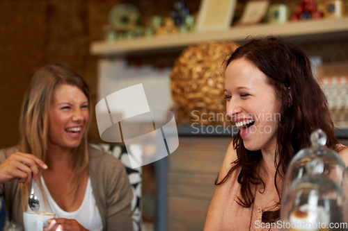 Image of Women friends, laughing and talk in cafe for reunion, thinking and happy with drink together for memory. Girl, coffee shop and relax with chat, conversation and funny joke for gossip, story or news