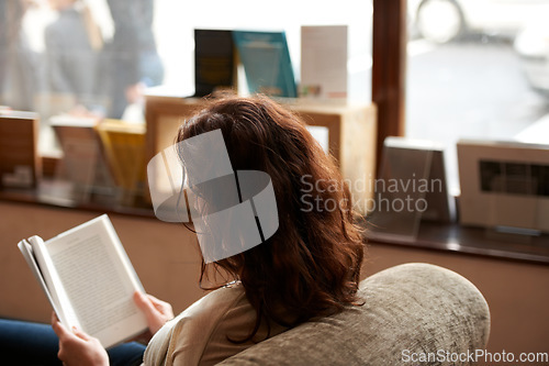 Image of Reading, books and woman in bookstore on sofa for research, learning and relax in library. Literature, customer and person with book for education, study information and knowledge for hobby in shop