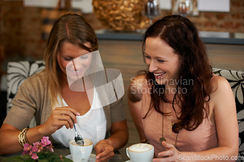 Image of Women friends, laughing and talk in coffee shop for reunion, thinking and happy with drink together for memory. Girl, cafe and relax with chat, conversation and funny joke for gossip, story or news