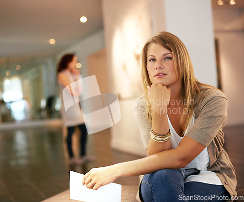 Image of Portrait, creative and a woman at a gallery for art, exhibition or looking at culture creativity. Young, weekend a girl or person at a museum for paintings, drawings or collection on display