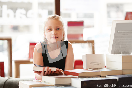 Image of Girl child in portrait, book and education, story for knowledge or entertainment with customer in bookshop. Library, store and learn for development and growth, fiction or literature with young kid