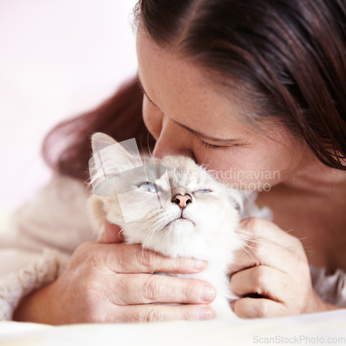 Image of Woman, kiss and love cat in portrait with pet, care and support in home with healthy animal. Persian, kitten and person bonding with rescue or foster kitty on bed or couch in house with affection