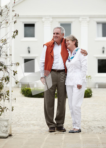 Image of Hug, smile and old couple outside hotel, villa and luxury hospitality on retirement vacation together. Marriage, travel and holiday accommodation, senior man and woman embrace in courtyard in Italy.