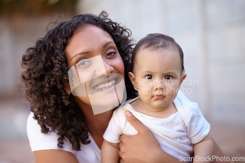 Image of Mother, cute baby or portrait smile for love connection, together or outdoor. Woman, infant child support or hug with happy face for bonding parent development or curious kid, care or relax safety