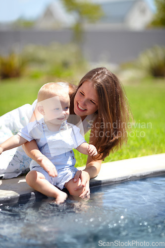 Image of Pool, water and mom with baby in garden or child splash with legs for fun, game or experience. Happy kid, swimming and mother outdoor with son dipping toes in pond, liquid or playing in backyard