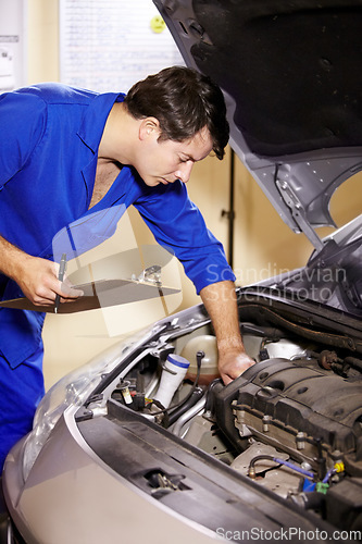 Image of Checklist, man and technician check engine of car, repair and maintenance. Clipboard, mechanic and serious person on motor vehicle hood, fixing transport and inspection list at auto service garage