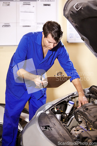 Image of Checklist, man and mechanic check engine of car, repair or maintenance. Clipboard, technician and serious person on motor vehicle, fixing transport or reading inspection list at auto service workshop