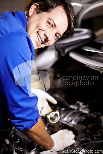 Image of Portrait, smile and mechanic check oil on engine of car, repair and maintenance. Face, technician and happy man on motor vehicle, fixing transport or auto service inspection at shop of professional