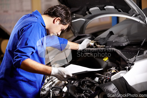 Image of Document, man and technician check engine of car, repair and maintenance. Checklist, mechanic and serious person on motor vehicle hood, inspection list or fixing transportation at auto service garage