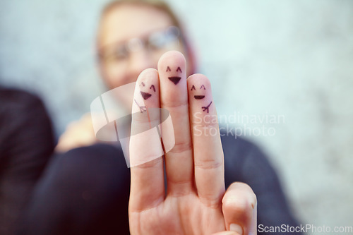 Image of Fingers, smiley and happy drawing of family, woman and symbol or emoji, sign and icon or fun art. Hands, expression and artistic or cool, creative and craft for aesthetic, hope and joy in tattoo