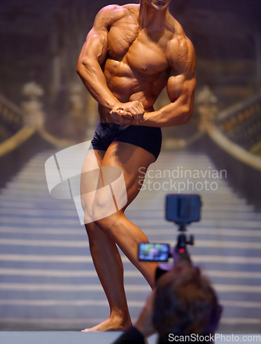 Image of Photo, man flex in bodybuilder competition for fitness, professional or beauty pageant for sports or judge. Male person, people or muscular model pose in confidence, underwear or stage for contest