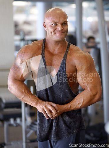 Image of Body builder, flex and man in a gym with power, weightlifting and strength at a sport club. Muscle, strain and strong male athlete with training for bodybuilder fitness and wellness for workout
