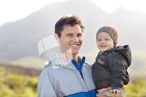 Image of Portrait, father and child for hiking in mountains for wellness, travel or fun. Sweden, man and baby for smile, happy or excited in quality time, together and fresh air on trip for love, care or bond