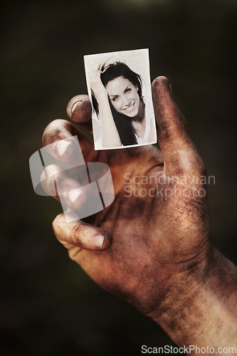 Image of Hand, holding picture of woman and portrait, retro nostalgia or remember memory of family or partner isolated on background in studio. Closeup, black and white photo of wife and dirty fingers of man