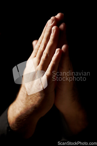Image of Prayer, hands and black background for faith, hope and religion or asking for help with mental health or support in studio. Praying emoji, christian person and God, holy spirit or peace in dark room