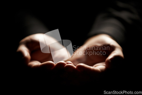 Image of Hands, prayer and help from God with charity, closeup and praise with giving, gratitude and respect for religion. Search for guidance, wellness and praying, worship and faith with person and trust