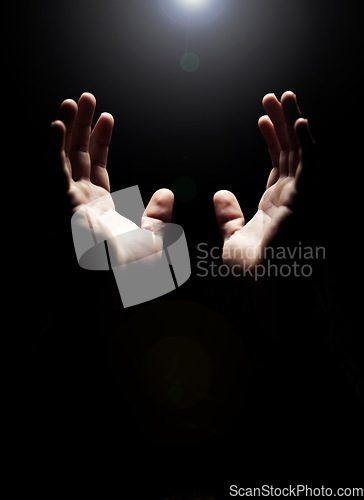 Image of Hands, prayer and help from God with praise, closeup of holy person with gratitude and respect for religion. Guide, wellness and praying, worship and faith with hope and trust on dark background