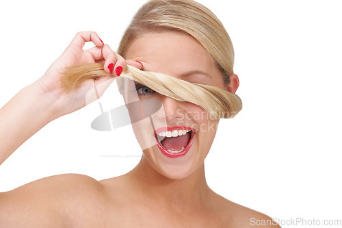 Image of Silly, blonde and woman portrait for beauty, cosmetics and hair care with smile in a studio. Happy, fun and ponytail blindfold with wellness, makeup and glow treatment with shine and white background