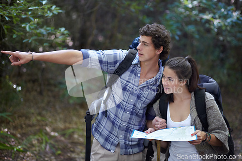 Image of Couple, map or pointing in forest for hiking, travel or adventure with sightseeing and experience. People, man or woman on trail, holiday or vacation in woods or nature for location, trekking or view