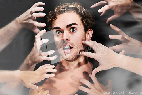 Image of Portrait, drug addict and scared man with hands in studio isolated on black background. Face, smoke or person with fear, mental health crisis or hallucination, surprise or sick, depression or anxiety