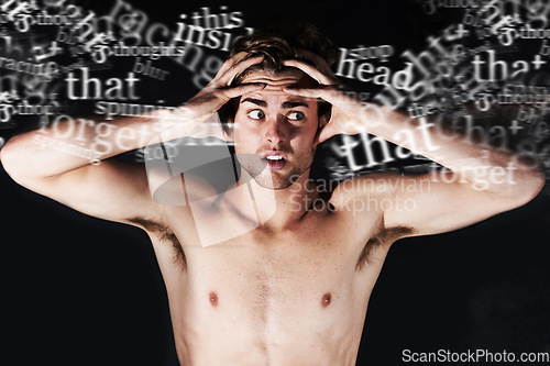 Image of Stress, depression and man with headache, words and studio isolated on a black background. Anxiety, psychology and mental health of person with text, sick and frustrated at crisis, fail or mistake