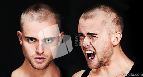 Image of Mental health, portrait and man with bipolar, disorder or illness in studio with scream or fear. Composite, guy and male person with trauma, anxiety or schizophrenia on black background or face