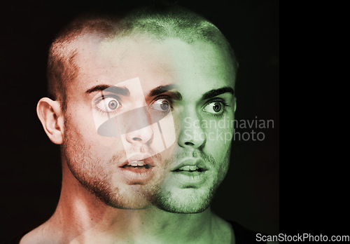 Image of Mental health, face and man with bipolar disorder or illness in studio with terror or fear. Double exposure, guy and male person with trauma, anxiety or schizophrenia on black background or shocked
