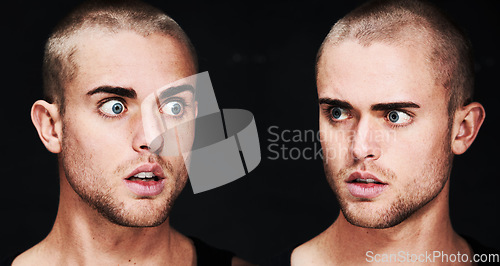 Image of Mental health, portrait and man with bipolar disorder or illness in studio with terror or fear. Double exposure, guy and male person with trauma, anxiety or schizophrenia on black background or face