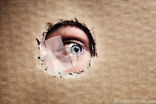 Image of Closeup, cardboard and eye spy on hole, peek and search on mockup space. Face, macro and man peeping through paper board for secret, security and watch for surveillance, discover mystery and privacy