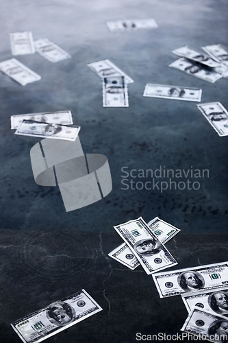 Image of Cash, currency and money on floor for investment, economy and banking for finance, payment and profit. Dollars, paper and bank notes on ground for savings, financial growth and investing for interest
