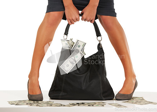 Image of Cash, currency and person with bag of money for finance, economy and banking for investment, payment and profit. Dollars, bank notes and woman for savings, financial growth and investing for increase