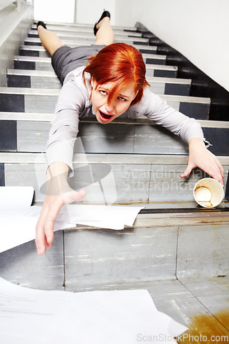 Image of Woman, falling down and stairs for injury, accident and wow with coffee, documents or paperwork in building. Business, person or employee slipping on steps at work or office with paper, cup and shock