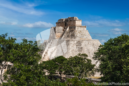 Image of Mayan pyramid Pyramid of the Magician Adivino in Uxmal, Mexic