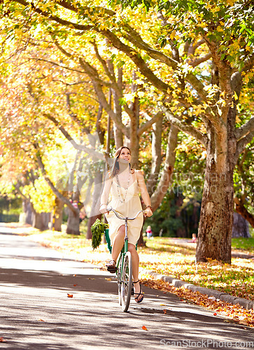 Image of Bicycle, woman and happy for fitness in nature, vacation exercise and eco friendly central park with wellness. New york city, person and trendy fashion for summer, sustainability and urban travel