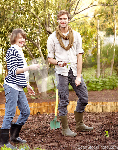 Image of Portrait, man and woman for garden with agriculture in backyard with seeds, shovel and soil for nature. Happy people, couple or friends with smile for environment, sustainability and green in spring