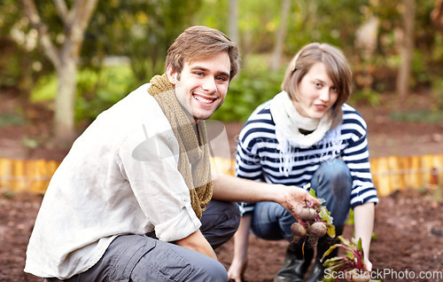 Image of Plant, vegetable and portrait of couple gardening with together with harvest in backyard. Farming, growth and people working with beetroot and growing plants for sustainable, organic or vegan food