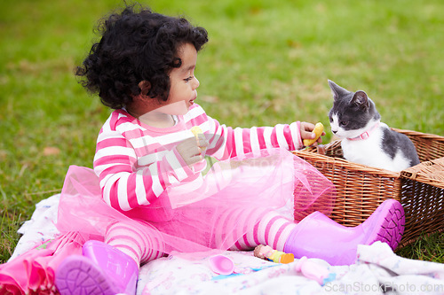 Image of Food, picnic and a girl in the park with her kitten together for love, care or bonding during summer. Chips, cat and kids with a happy young child feeding her pet animal a snack in the garden