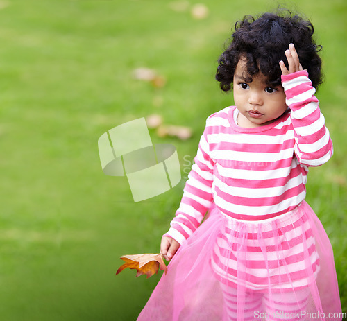 Image of Nature, cute and girl child walking on grass in an outdoor garden with brown leaves in Autumn. Confused, backyard and young kid with childhood playing on the lawn in a field or park in countryside.