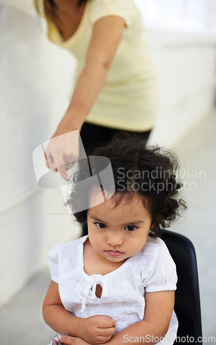 Image of Young, girl and mother point scold for trouble discipline, childhood behaviour or tantrum. Daughter, chair and sad guilt parent fail or anger toddler authority, difficult child in home for attention