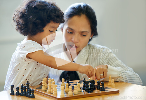 Image of Mother, girl and chess board play for learning growth, development challenge or bonding time. Child, woman or game fun for problem solving intelligence or kids lesson, planning knowledge or education