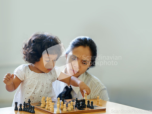 Image of Mother, child and chess play for learning growth, development challenge or bonding time. Girl, woman or board game fun for problem solving intelligence or kids lesson, planning knowledge or education