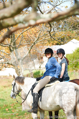 Image of Portrait, friends or women horse riding in nature or countryside with rider or jockey for recreation. Happy, teamwork or equestrian with smile to start training, exercise or workout in ranch or farm