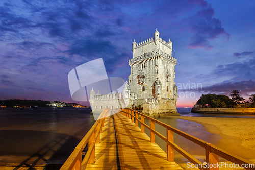 Image of Belem Tower on the bank of the Tagus River in twilight. Lisbon, Portugal