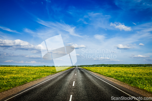 Image of Road in blooming spring meadow