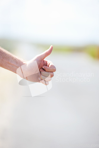 Image of Person, travel and hitchhike on highway for car, stop and adventure on road trip with transportation for freedom. Man, vacation and help with journey, countryside and hand sign in cape town in mockup