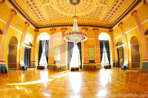 Image of Empty hotel hall, luxury ballroom for banquet or dance, space for conference or event. Architecture, interior and room, royal court floor and location with chandelier, sunshine in palace or mansion.