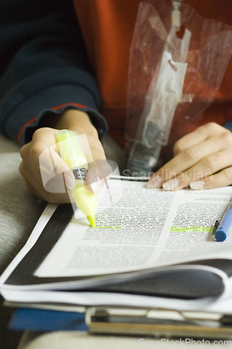 Image of Hand, study highlight and student with a textbook closeup in a home for education, learning or growth. Paper, writing and school with a person reading information at a desk for university scholarship